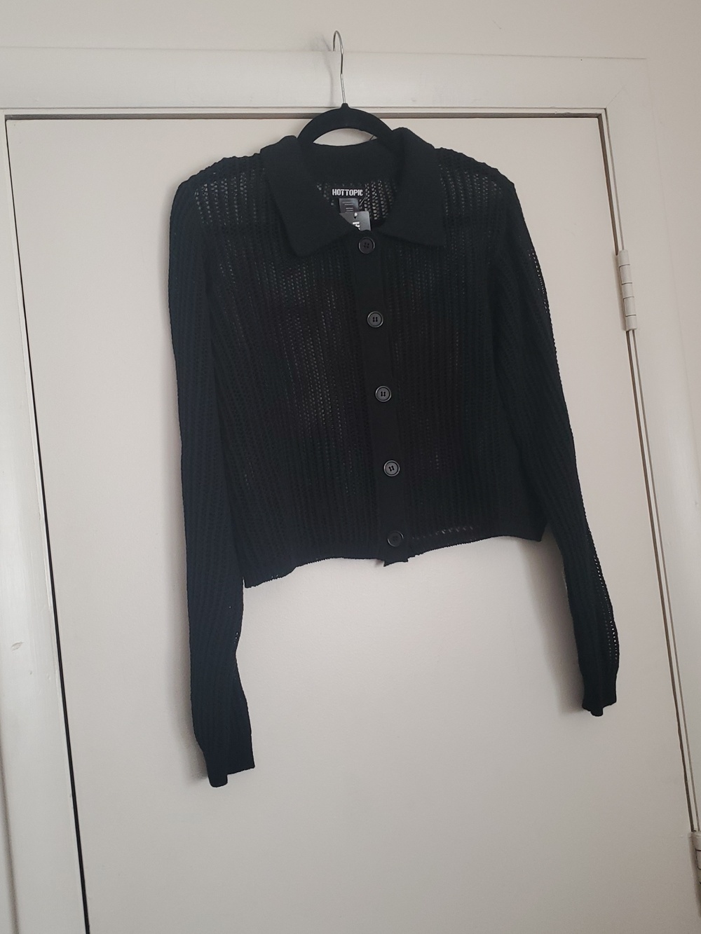 *NWT* Hot Topic'S Black Open-Knit Collared Button Cardigan - Picture 3 of 14